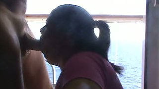 Chubby wife on cruise ship deep throating off a strung up passenger